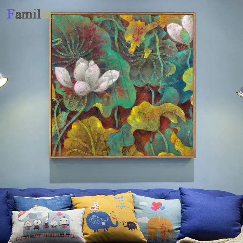 Современная каллиграфия тяжелые цветные струйные картины лотоса гостиная диван