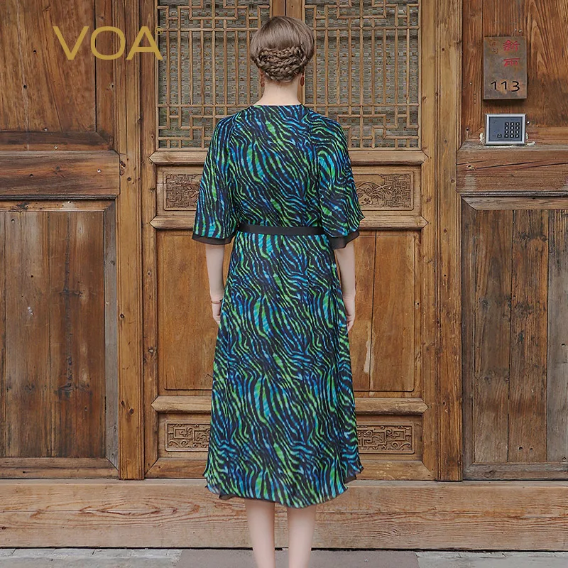 Женское шелковое кимоно VOA зеленое Повседневное платье трапециевидной формы с