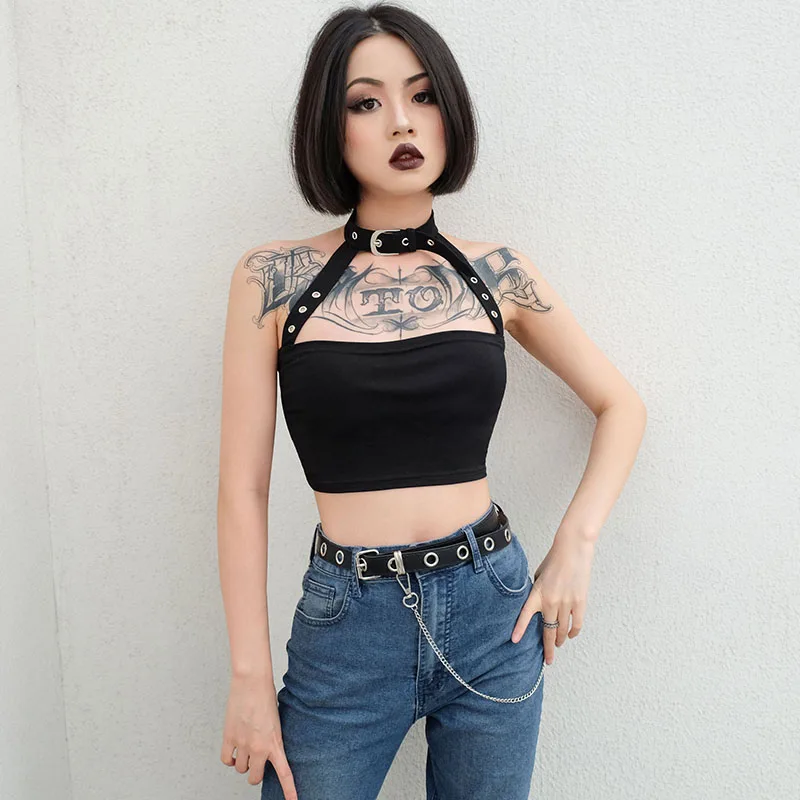 Фото Rockmore Black Gothic Halter Buckle Tank Top Women Punk Style Cotton Suspender Backless Vest Crop Tops Femme Streetwear Clubwear Женская Rockmore Black Gothic Halter Buckle Tank Top Women Punk Style Cotton Suspender Backless Vest Crop Tops Femme Streetwear Clubwear Женская