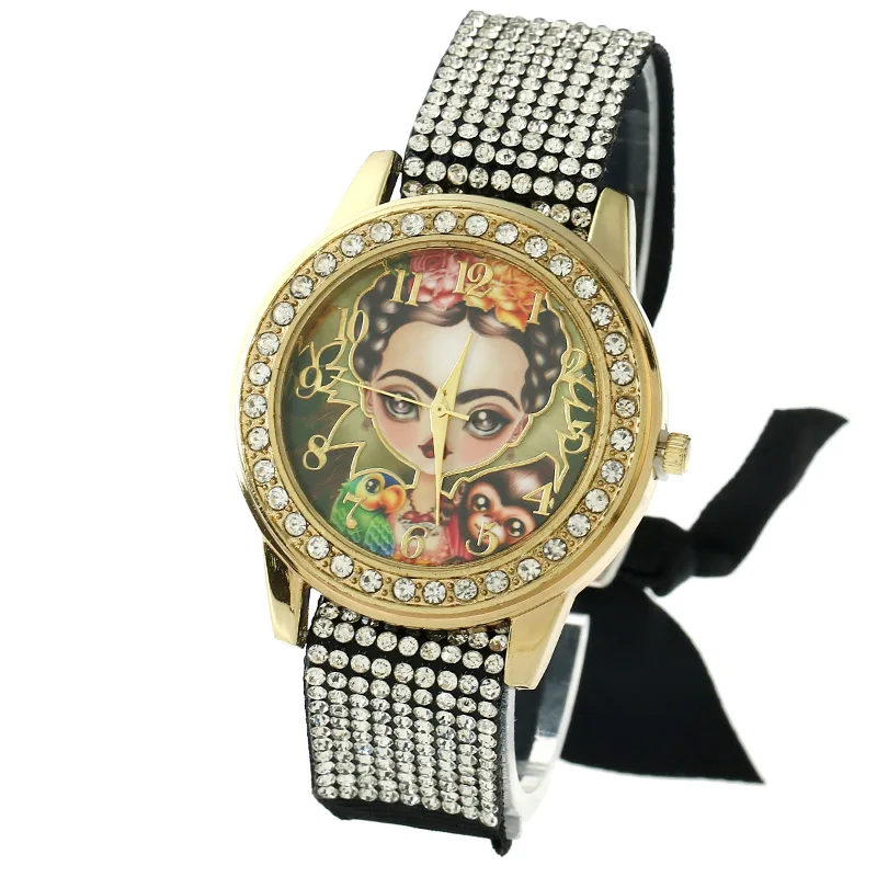 Gnova Платиновые женские часы с кружевом винтажные обезьянкой и птицей со стразами