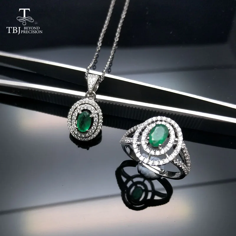 TBJ, натуральный Замбия зеленый 1ct изумрудная подвеска кольцо ювелирный набор из стерлингового серебра 925 пробы с подарочной коробкой для женщин в качестве лучшего подарка