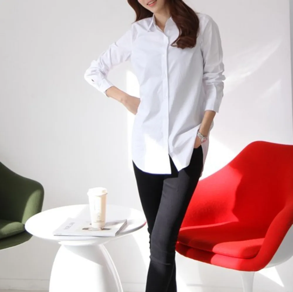 Женская длинная рубашка белая Повседневная хлопковая блузка с длинным рукавом