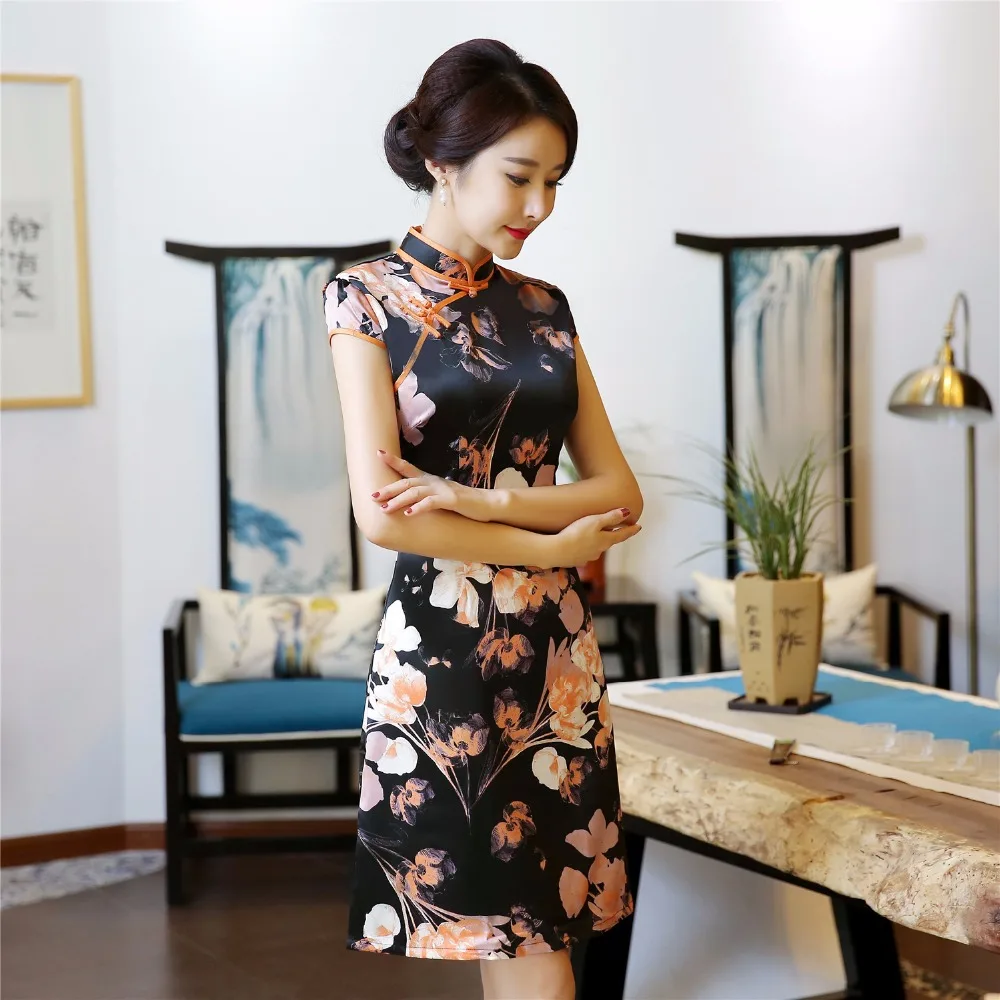 Шанхай история короткое китайское восточное платье Cheongsam черные цветочные Qipao
