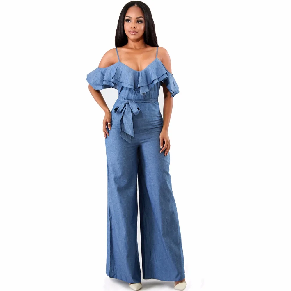 

Hot women jumpsuits & rompers jean sweet ruffles boot cut sashes fashion women jumpers European and American style for women
