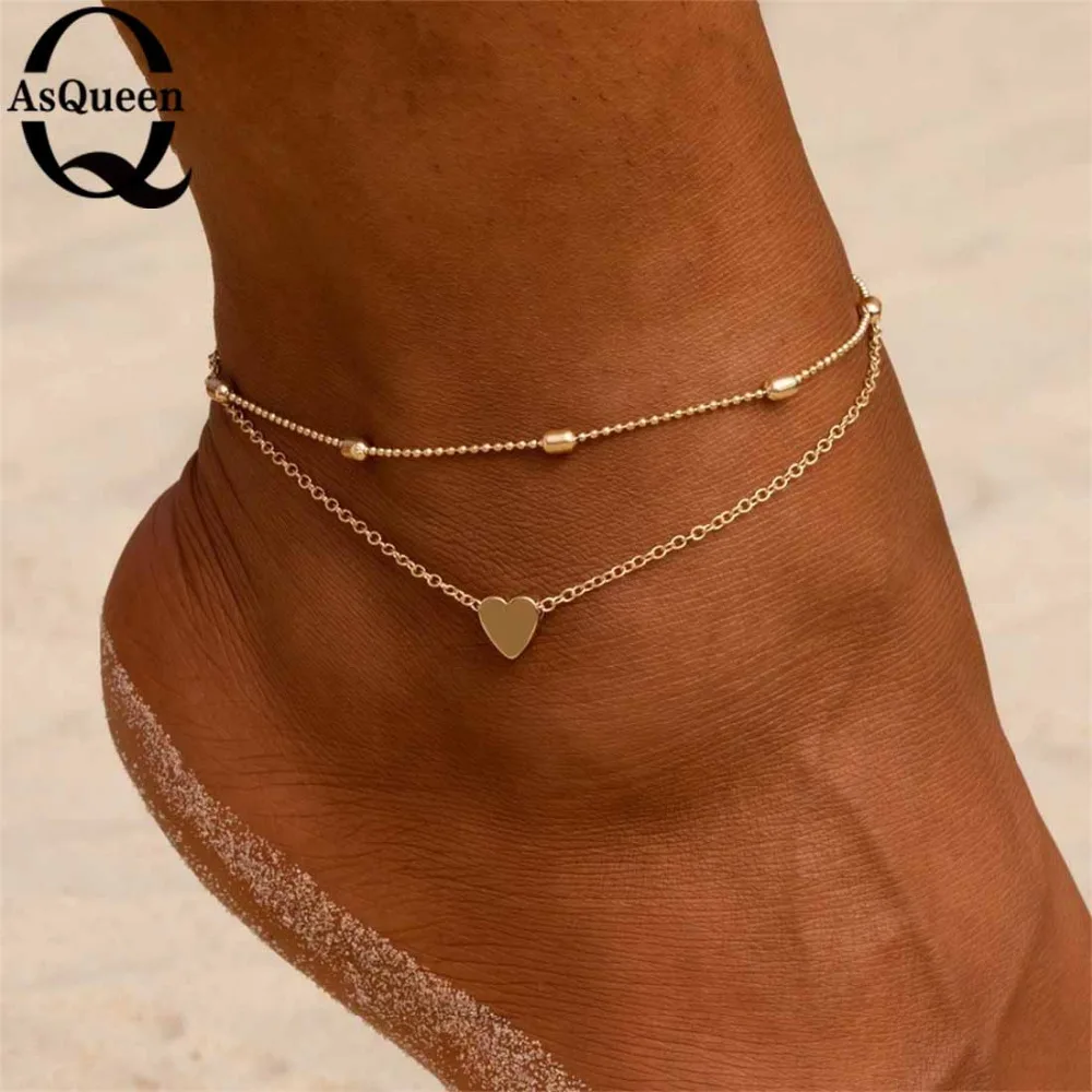Women Anklets Heart Barefoot Crochet Sandals Foot Jewelry Two Layer Legs Bracelet | Украшения и аксессуары