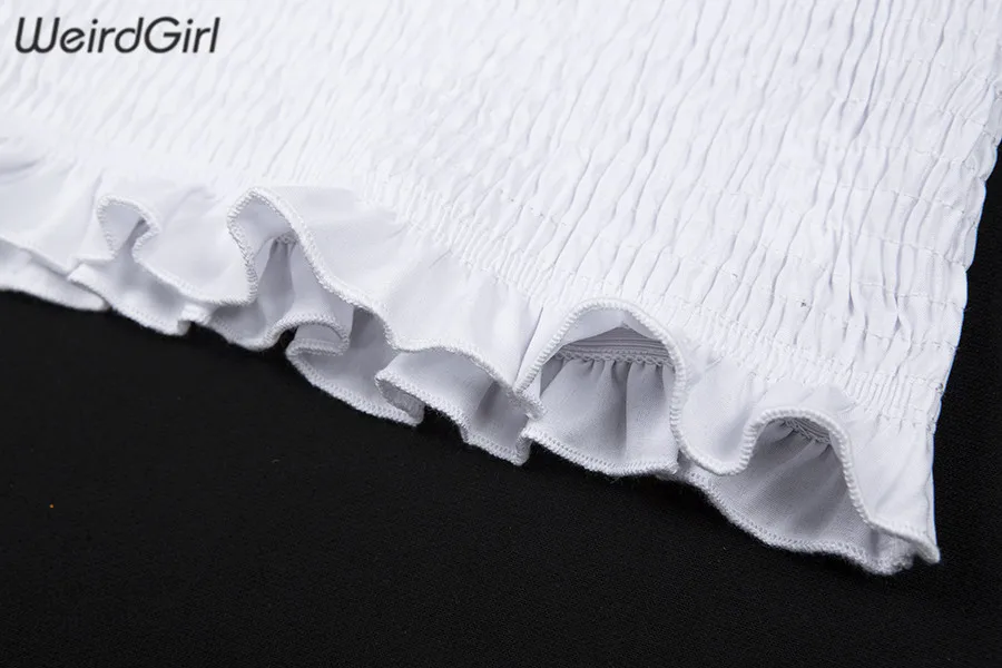 Weirdgirl, женские элегантные модные футболки с длинным рукавом, уличная одежда с квадратным вырезом и оборками, укороченные топы, Женский Топ, эластичный Летний