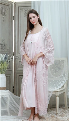 pink Кружевной Халат и платье, набор, женские длинные ночные рубашки, винтажная Пижама, элегантный свободный халат, набор, Европейский классический халат, красивый подарок для дам - Цвет: pink