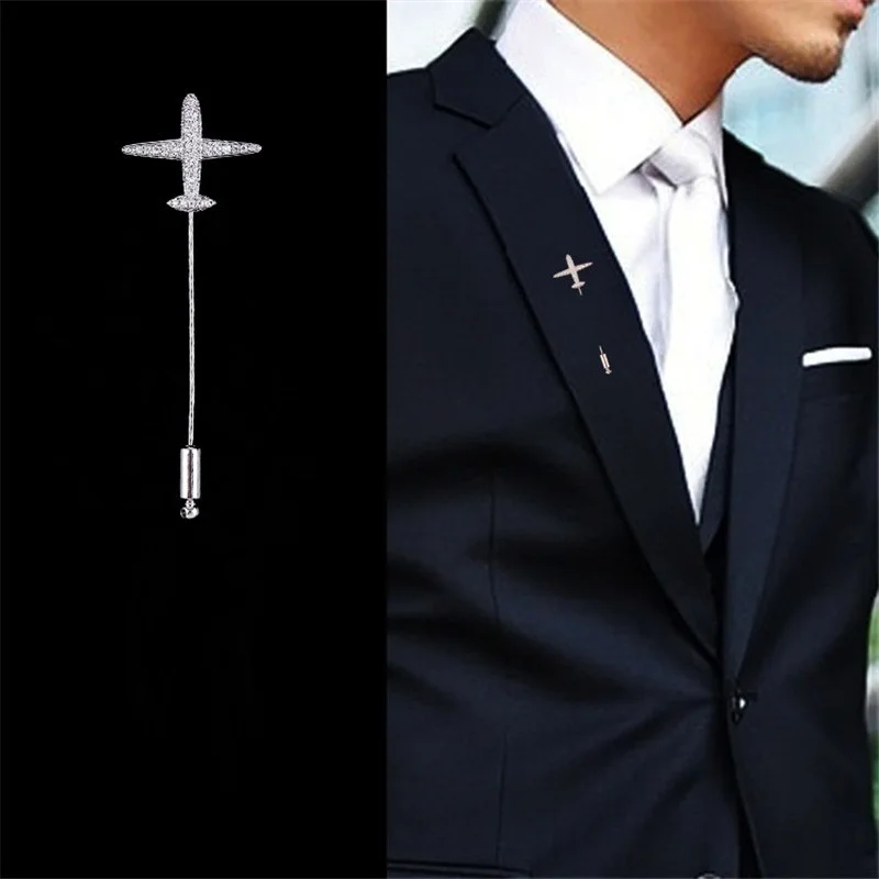 

High quality Sparkling Zircon Aircraft Airplane Man Pins Brooches Man Party Plug-in Brooch Jewelry Men Suit Brooch Pin New 2019