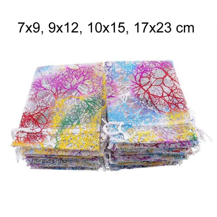 100 шт./лот 7x9 9x12 10x15 17x23 см с коралловым узором мешочки из органзы завязками