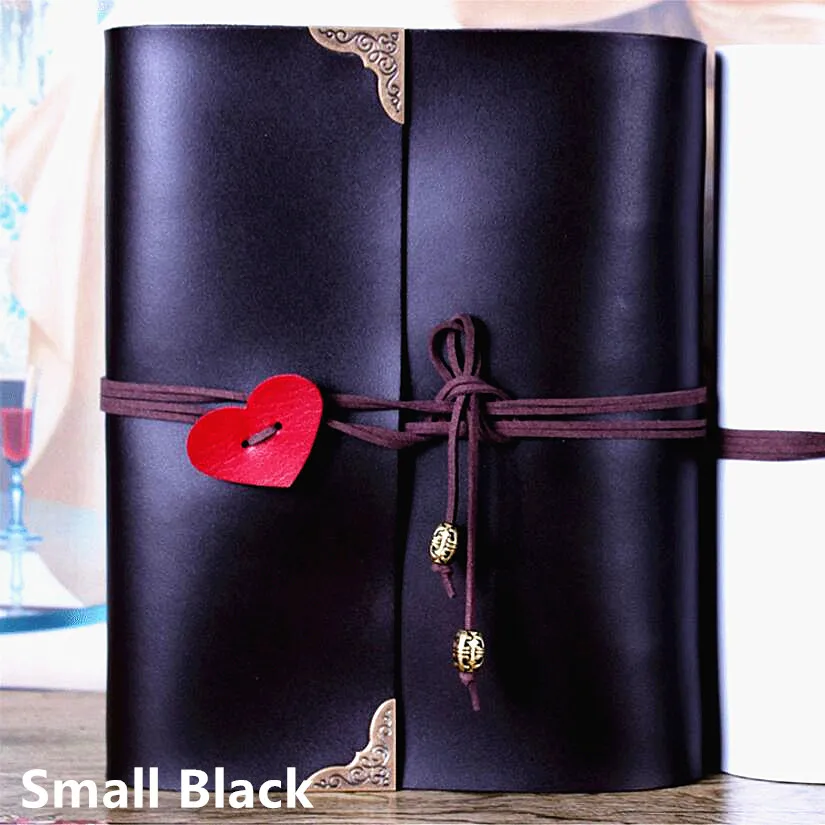 Small Black 5/10/12 дюймов Винтаж ПУ Обложка фотоальбомы «любящее сердце» веревка Комплект путешествия DIY Детские подарки на день рождения маленьких книга памяти черными страницами - Цвет: Small Black