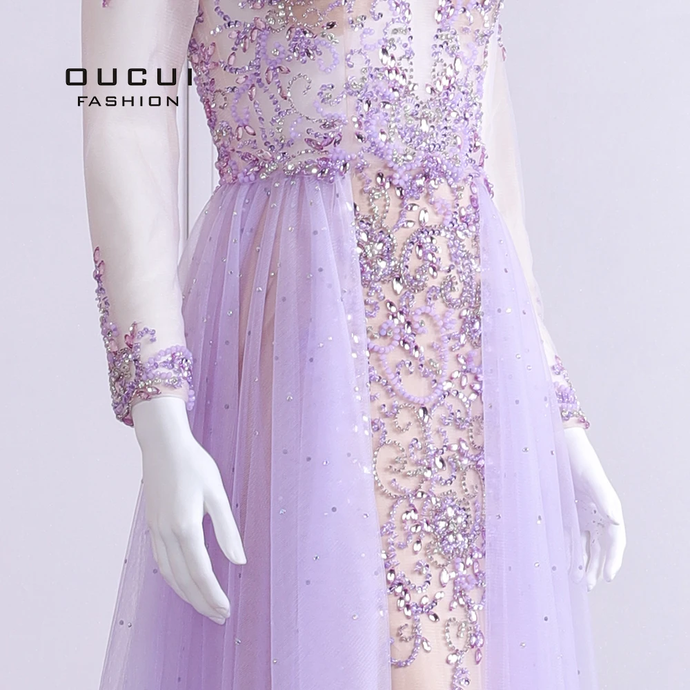 

2019 Elegant Lilac Evening Dress Long Sleeve V Neck Sexy Illusion Beaded Crystal Court Train Robe De Soiree Plus Size OL103090B