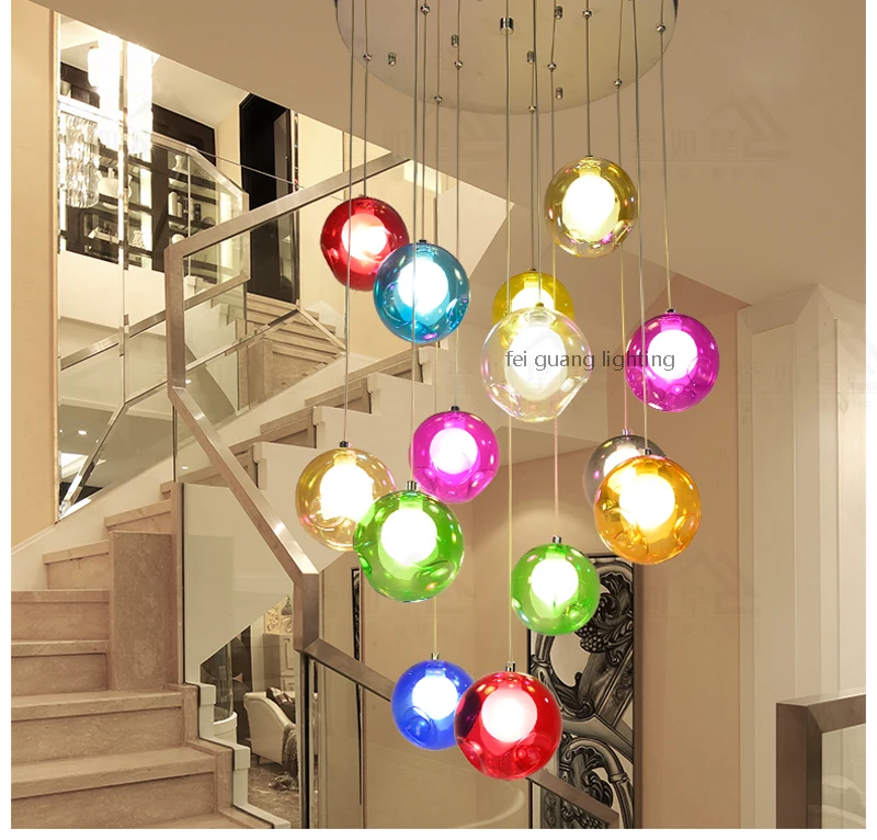 

Staircase long pendant lights Duplex floor Nordic simple fashion creative modern home spherical color pendant lights