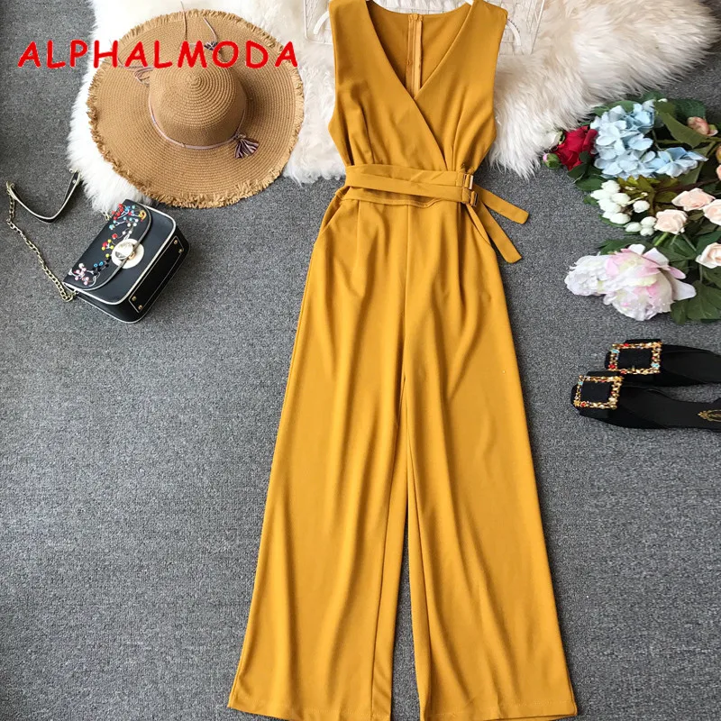 

ALPHALMODA 2019 Spring Ladies Sleeveless Solid Jumpsuits V-neck High Waist Sashes Women Casual Wide Leg Rompers