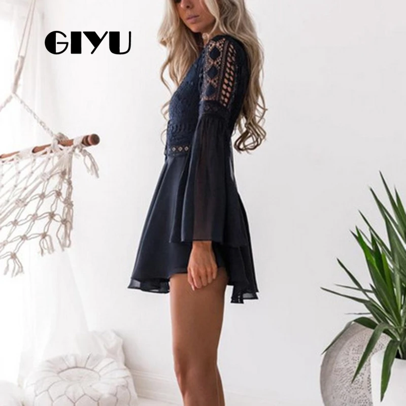 GIYU женское расклешенное платье с длинным рукавом шифоновые платья Кружевные
