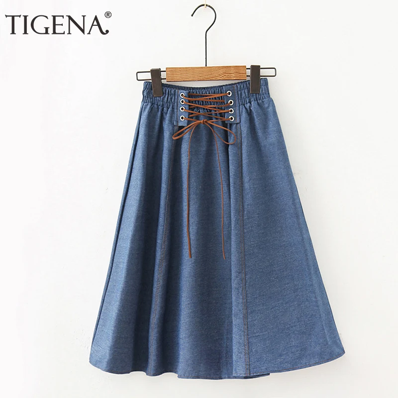 Женская джинсовая миди юбка TIGENA синяя трапециевидная Юбка До Колена с поясом в