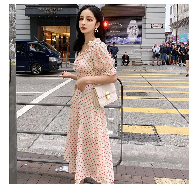 Новая летняя женская одежда волновой точки короткие Платье с рукавами Корея