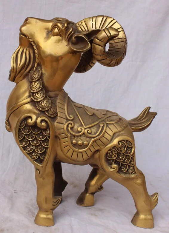 

bi001550 14" Chinese Bronze Wealth Money Money Sheep Goat Ram Ewe Ball Animal Foo Statue