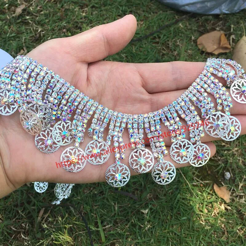 

gorgeous flower crystal tassel chain for garments high quality luxurious AB rhinestone dangle chain for dancing dress decoration