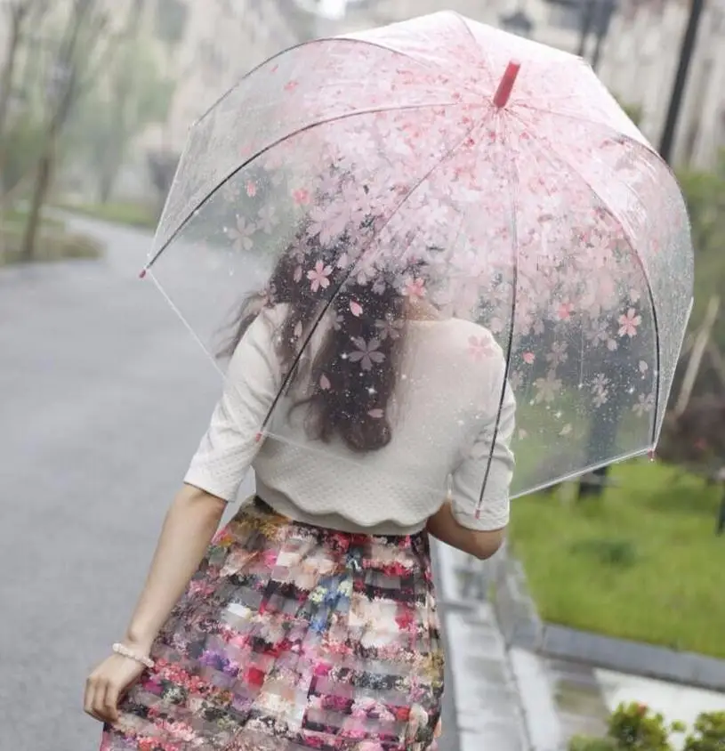 

Transparent Clear Umbrella Cherry Blossom Mushroom Apollo Sakura Princess Umbrella long handle Walking Brolly Parasol umbrellas