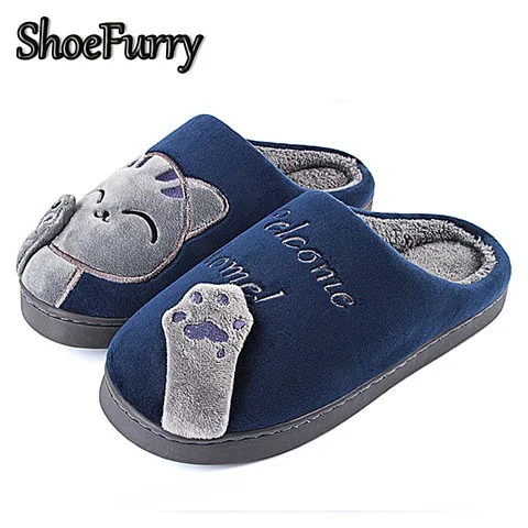 ShoeFurry/домашние тапочки; хлопковая обувь; коллекция года; зимние домашние тапочки с рисунком кота; мужские Нескользящие мягкие тапочки; теплые плюшевые Тапочки Мужские тапочки для спальни Осень сгущает обувь - Цвет: SZJ-MZ Navy Blue