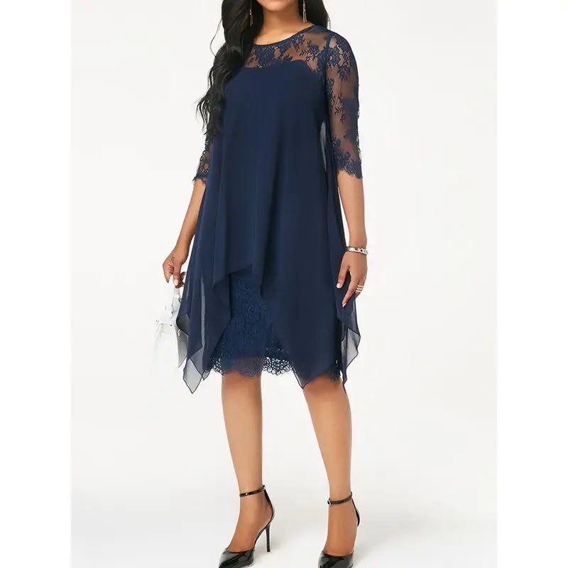 Summer Gothic Elegant Vintage Plus Size Women Midi Dresses Asymmetric Hollow Lace Blue Retro Female Chic Sexy Dress 2019 | Женская