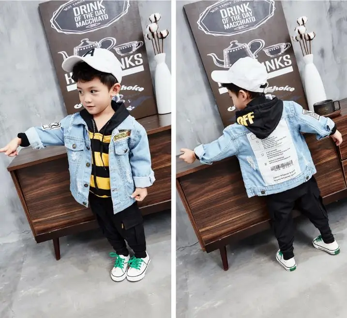 Spring new boy suit children's trend letter denim jacket + striped knit hooded sweater casual pants three-piece baby wild |