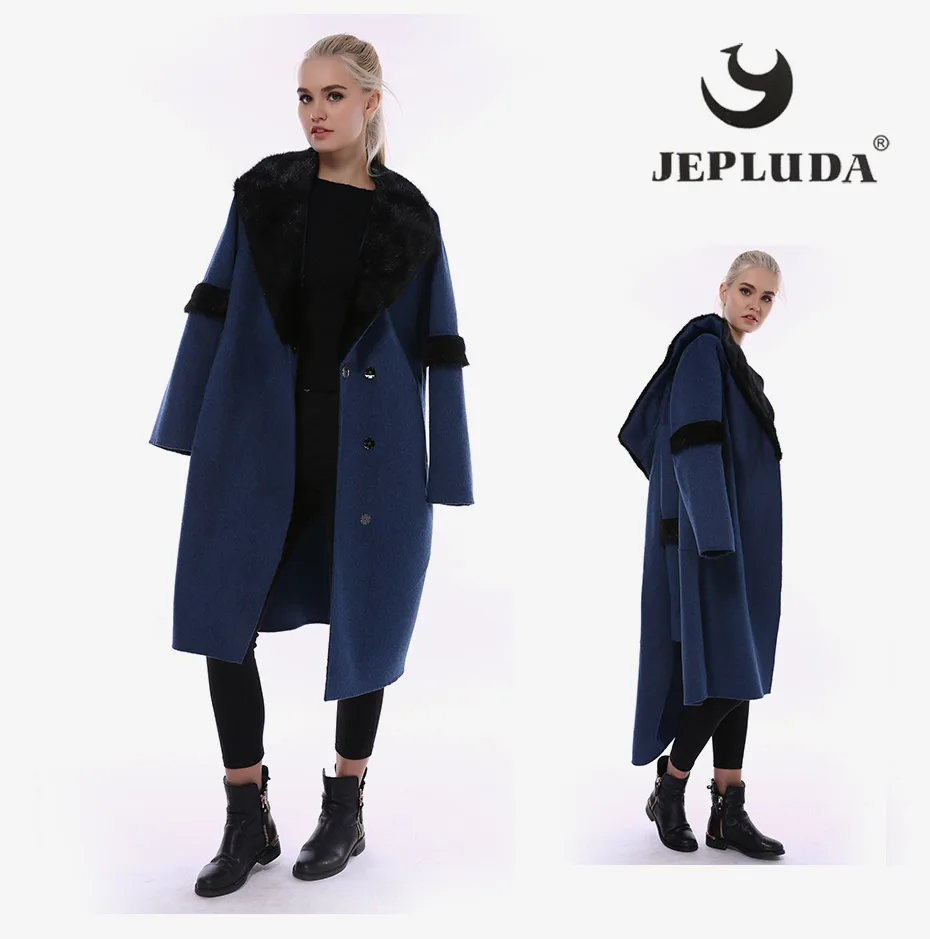 JEPLUDA Высокое Содержание Щерсть Пальто Женское Натуральный Мех Норковая Воротника и Рукава Классический Стиль Женское Кашемировое Пальто с Натуральным Мехом Кашемировая Куртка Женская Меховая Весна и Осень