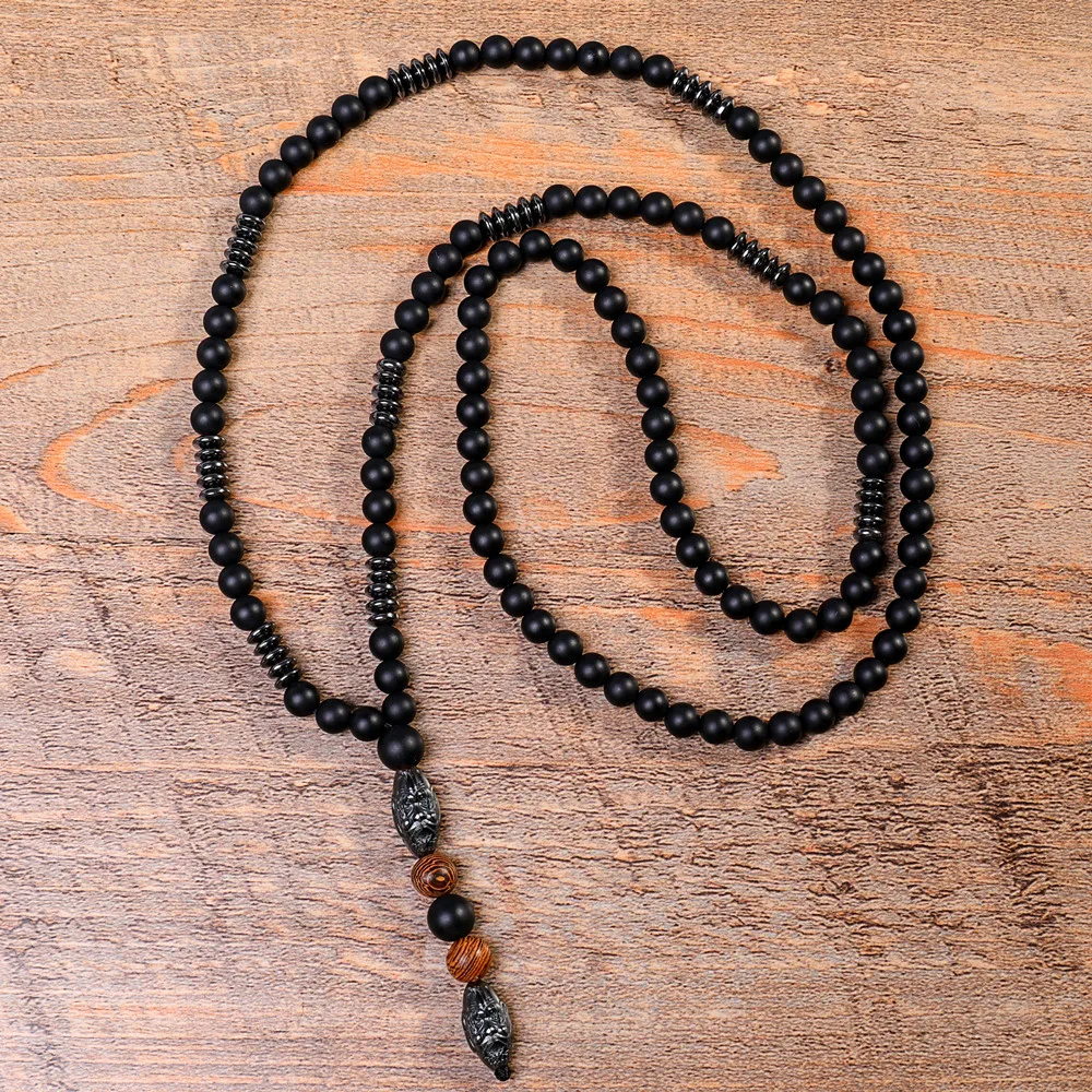 Натуральный камень черный гематит резьба бисер мужское ожерелье Будда Лава мала