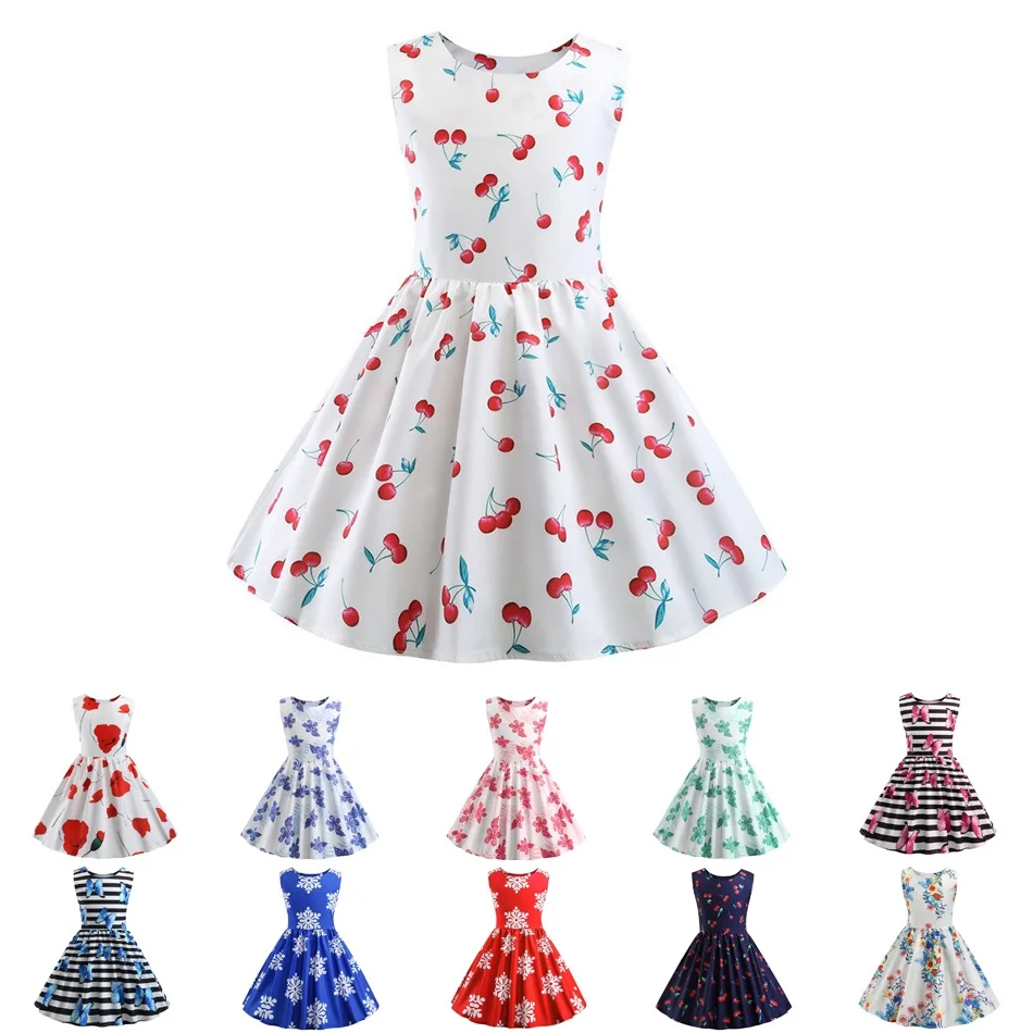 VOGUEON Girls Summer Dress Children Sleeveless Floral Casual Kids Holiday Party Vintage Swing Flared Sundress for 2-8T | Детская одежда