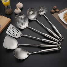 6pcs Kitchenware Gadget Cooking Tools Stainless Steel Cookware set Kitchen Utensils Long Cook Colander Spatula Shovel Rice Spoon