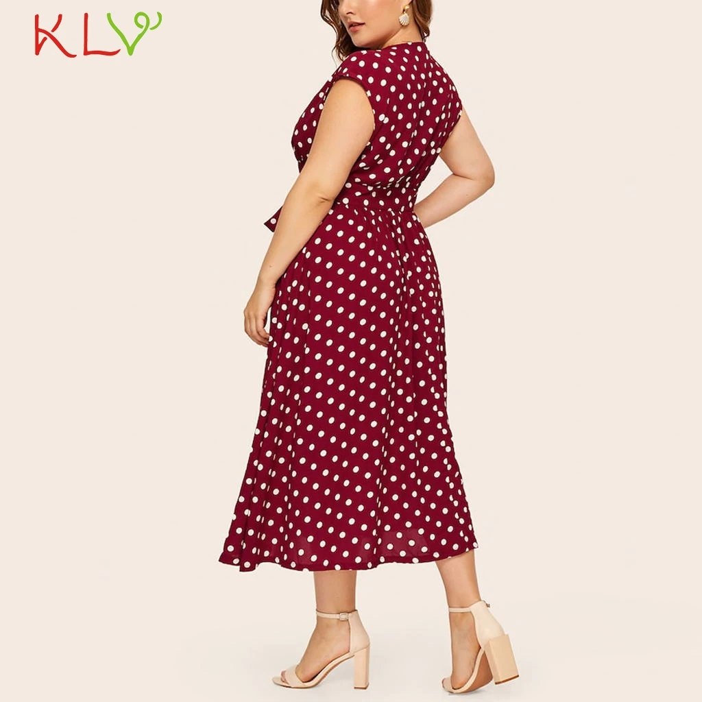 Женское платье в горошек с V образным вырезом и поясом|Женские платья| |