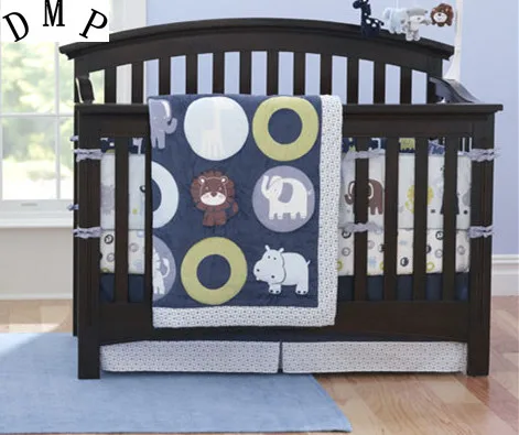 

7PCS embroidered Baby Bedding Set Cartoon Whale Cotton Crib Bedding Bumpers tour de lit bébé(4bumper+duvet+bed cover+bed skirt)