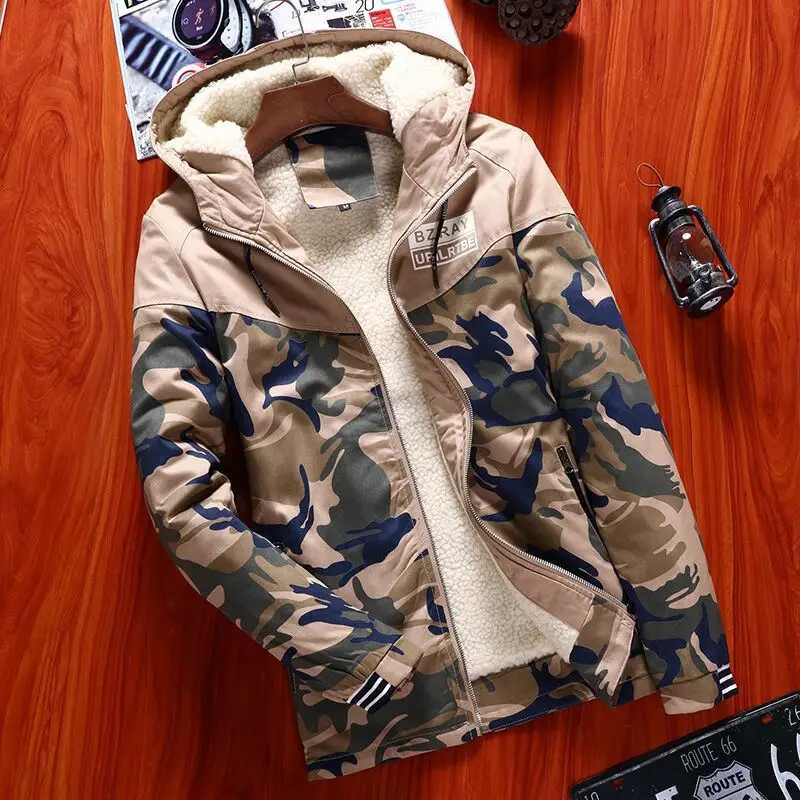 Khaki-Thick Осень-зима, новые утолщенные мужские парки, модная повседневная облегающая камуфляжная теплая куртка, пальто, высокое качество, хлопковая куртка, M-4XL - Цвет: Khaki-Thick