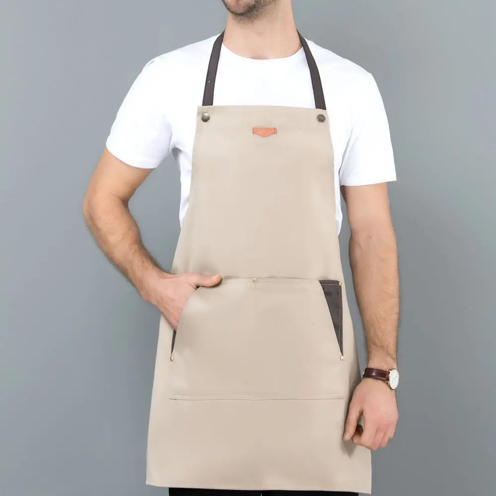 Beige Контрастный кухонный фартук, фартук для приготовления пищи, четыре кармана, поварский фартук для женщин, мужчин, барбекю, чистящий фартук для приготовления пищи, Повседневное платье для домашнего использования - Цвет: Beige