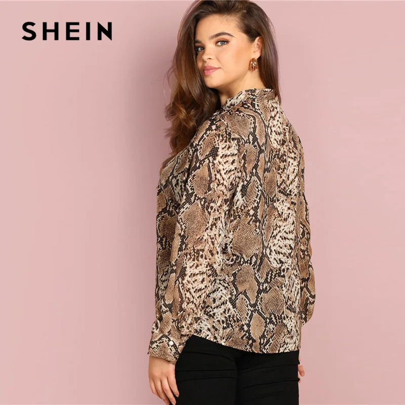 SHEIN Блузка Размера Плюс С Змеиным Принтом Женские Весенние Многоцветные Классические Блузки С Длинными Рукавами