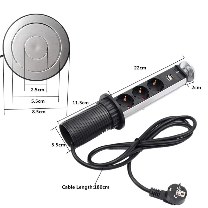 LEORY 1.8m EU Plug Electrical Socket Aluminum Shelf Kitchen Table Up Outlet 3 Plugs Mains Sockets And 2 USB | Электроника