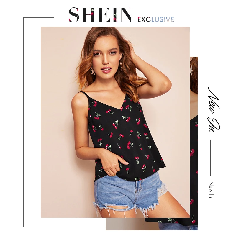 SHEIN богемный Черный повторяющийся Вишневый майка с принтом Топ для женщин Спагетти ремень V сзади расклешенный подол Летние Топы повседневные топики