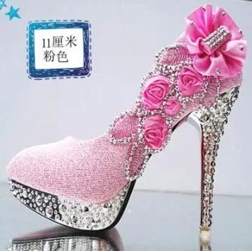 Flower 11cm pink Женские свадебные туфли со стразами; женские вечерние туфли на высоком каблуке красного цвета для невесты; пикантные женские туфли-лодочки; блестящая белая свадебная обувь; 11 см - Цвет: Flower 11cm pink
