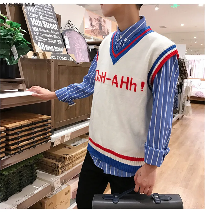 VERSMA корейский Harajuku Instagram BF письмо мужские трикотажные жилеты V образным вырезом негабаритных без рукавов свитер мужской жилет пуловер