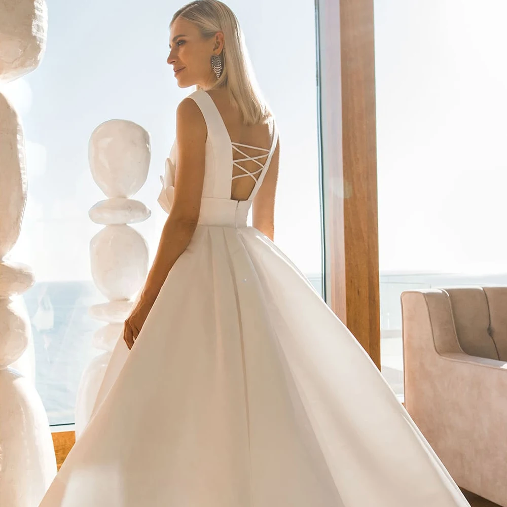 Женское атласное платье с бантом простое свадебное трапеция в стиле бохо v