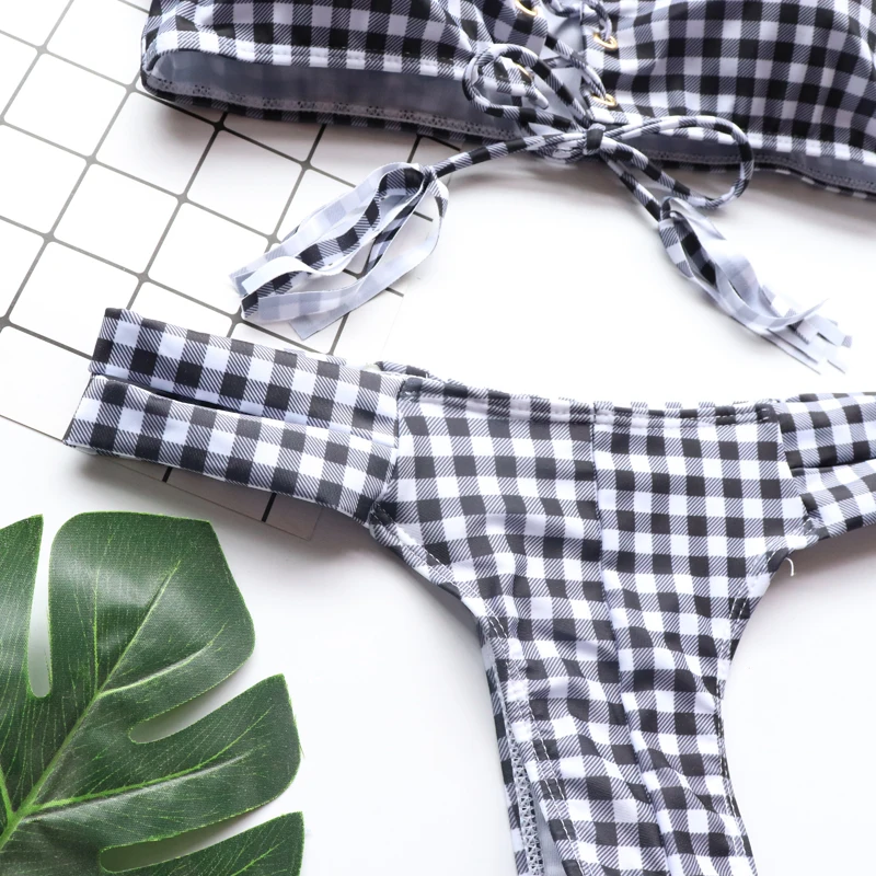 Бразильское бикини купальник в мелкую черную клетку нагрудный |