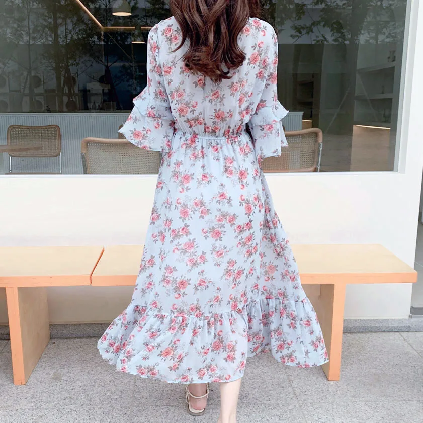 BOBOKATEER платье миди с цветочным рисунком женские платья Летняя одежда robe ete femme vestidos de verano пляжное Шифоновое Платье синее повседневное