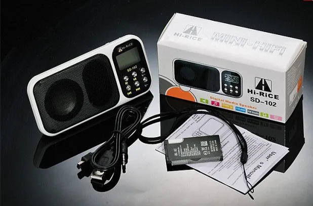 Free shipping 10pcs/lot Hi-Rice SD-102 portable TF USB Mini Speaker with FM function Flash light Stereo speakers Alarm Clock |