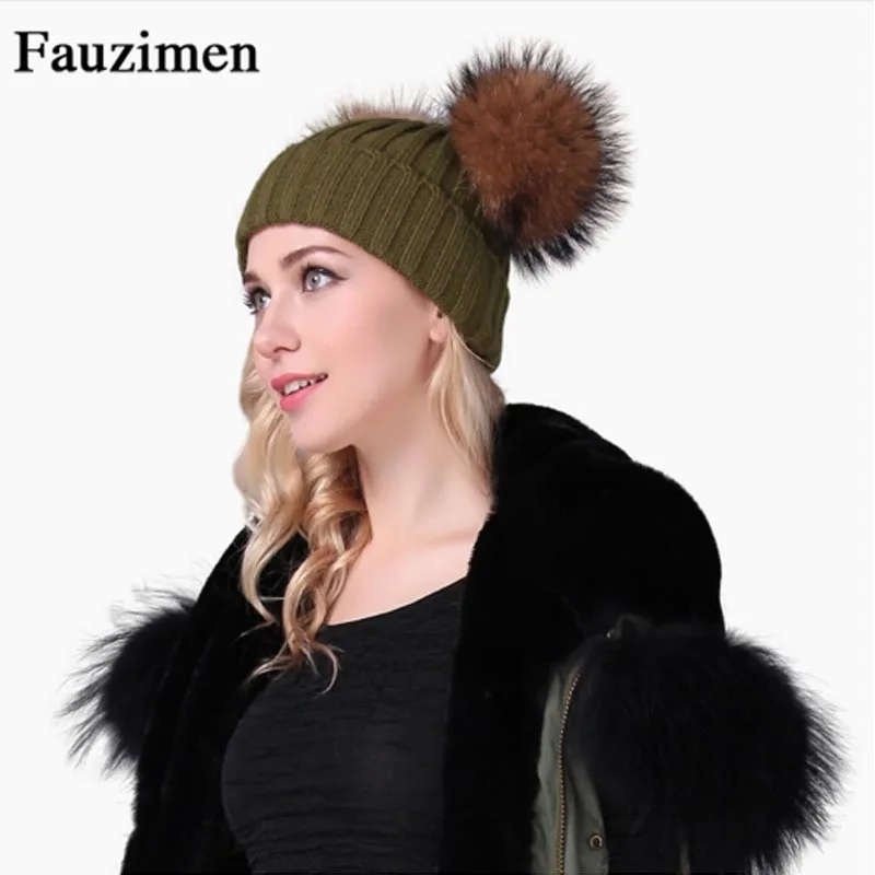 Новые зимние вязаные шапки с помпоном из меха енота для женщин меховая