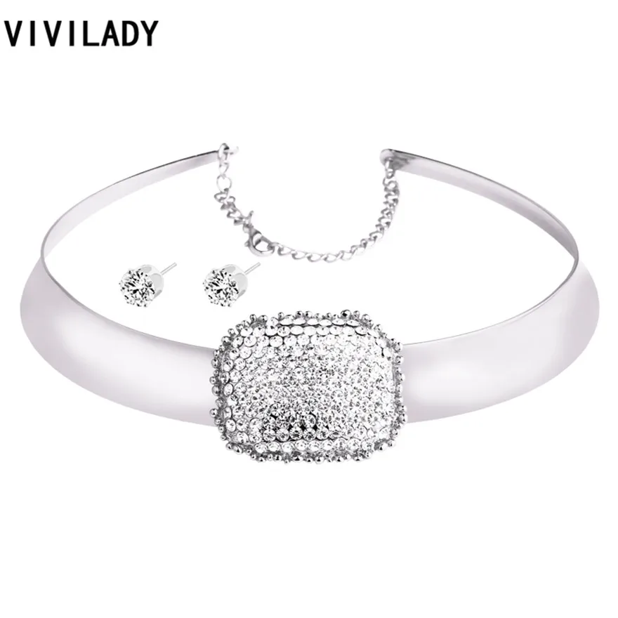 VIVILADY модные новые Ювелирные наборы золотого цвета крупные Чокеры стразы