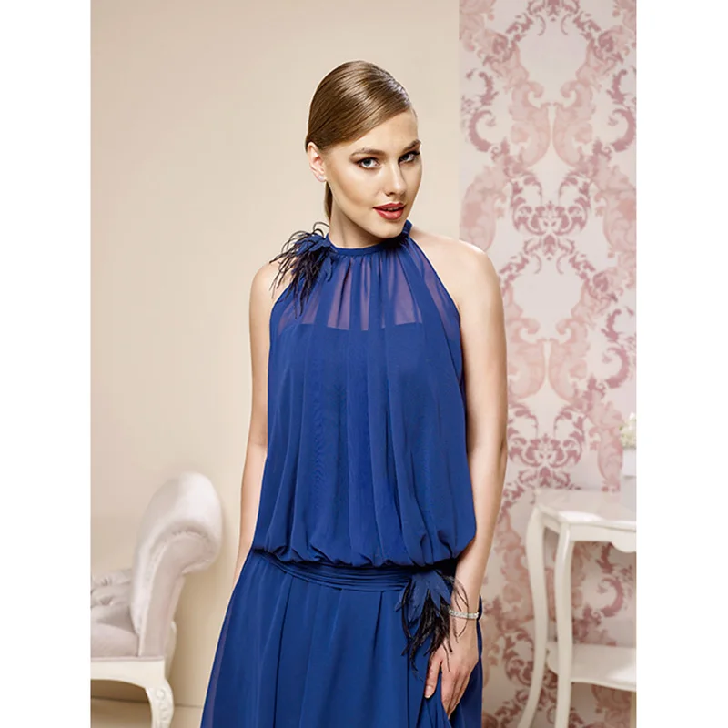 Темно-синие платье для выпускного вечера ES 2017 Холтер декольте бисера перо линия