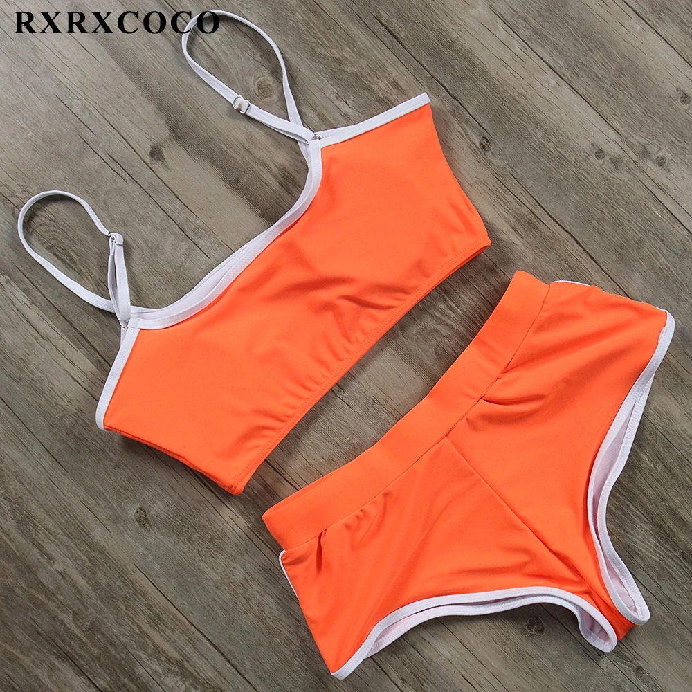 RXRXCOCO, сексуальный спортивный купальник из двух частей, женский купальник, комплект бикини, Одноцветный, высокая талия, купальник, женские летние купальники