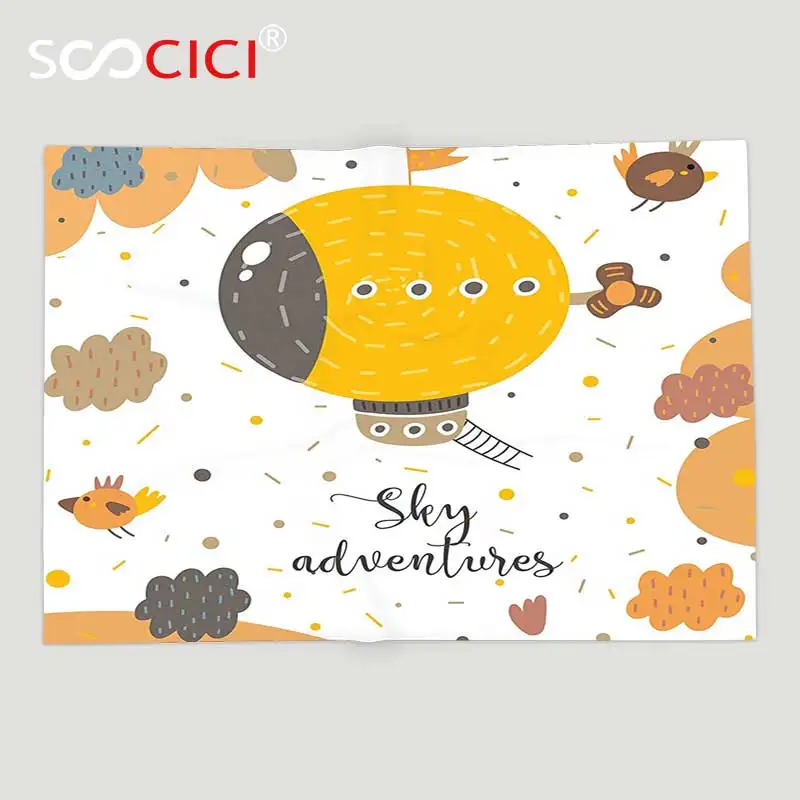 Online Personalizzato Morbido Pile Rimessa Laterale Coperta Decorazione Del Fumetto Cielo Avventure Zeppelin Hover Con Gli Uccelli In Giorno Di Pioggia Baby Shower Opere D'arte