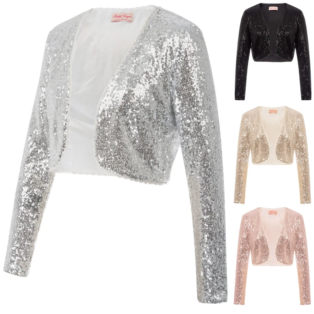 

BP new Sequins Women cardigan tops elegant solid Shining Long Sleeve Cropped Length Open Front Bolero Shrug for wedding party