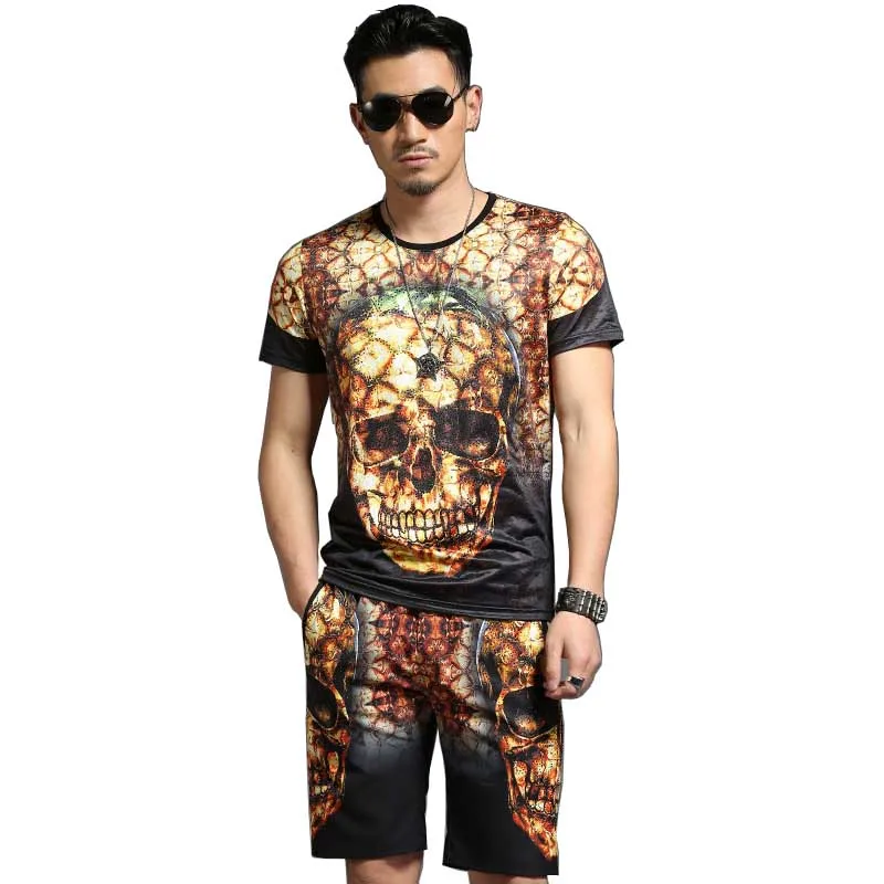 Модные летние короткие комплекты из 2 предметов футболка с принтом черепов и